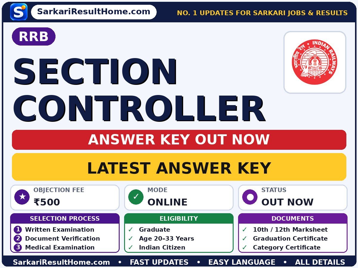 RRB Section Controller Answer Key 2026 Out – Download PDF - Railway Recruitment Board answer key summary (Exam Date: 12 Oct 2026; Objection Fee: ₹500)