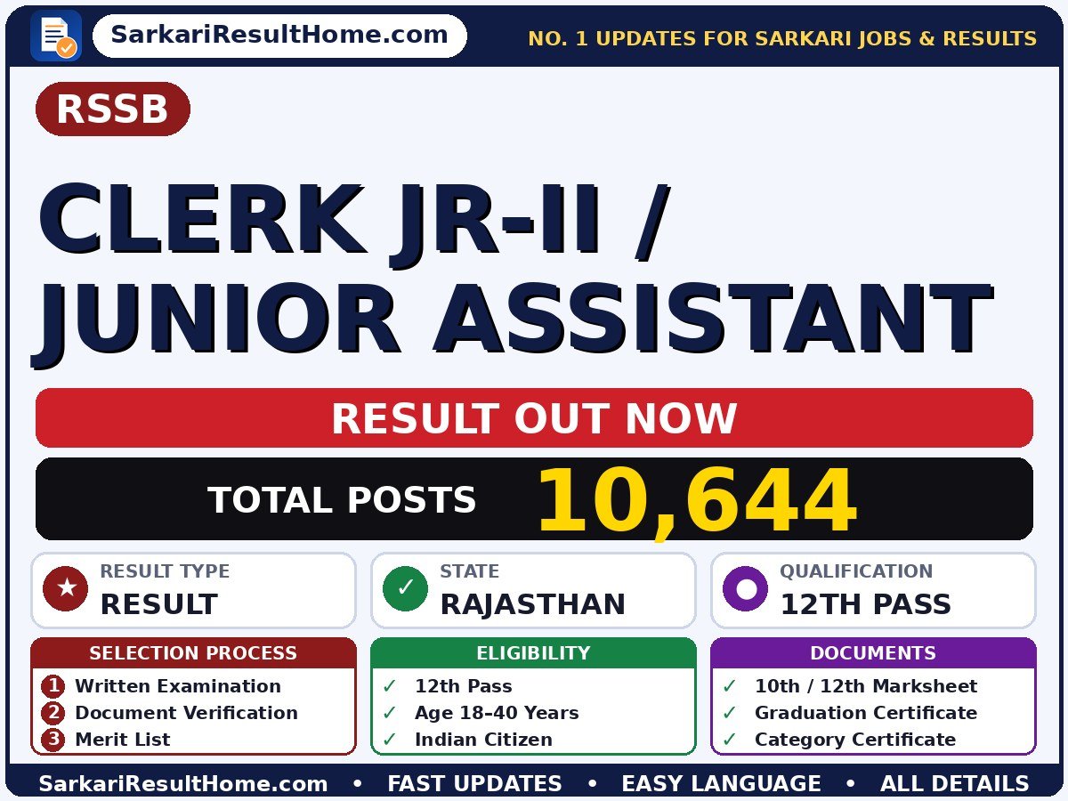 RSSB Clerk Jr-II / Junior Assistant Sarkari Result 2026: Direct Link & Score Card - Rajasthan Staff Selection Board sarkari result summary (Result Date: 28 Sep 2026; Exam Date: 05 Jul 2026)