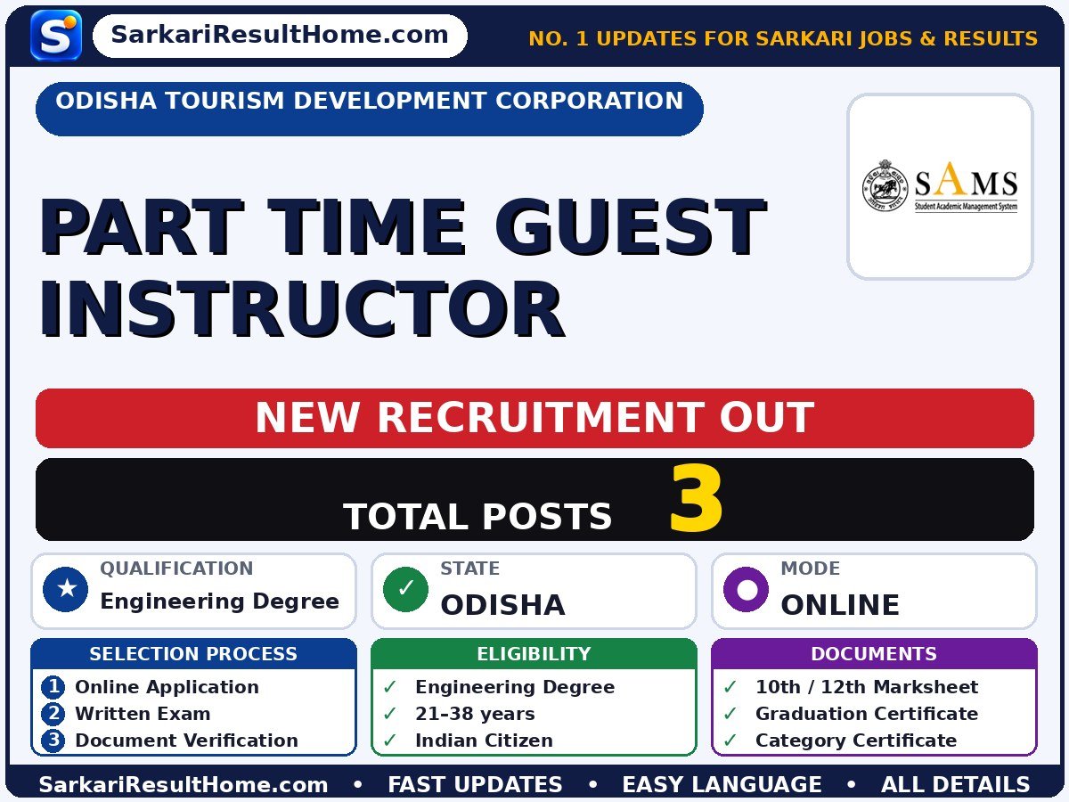 Odisha Tourism Development Corporation Government Job 2026 for 3 Part Time Guest Instructor Posts – Direct Link - Odisha Tourism Development Corporation sarkari naukri summary (Total Posts: 3; Last Date: 17 Aug 2026; Qualification: Engineering Degree)