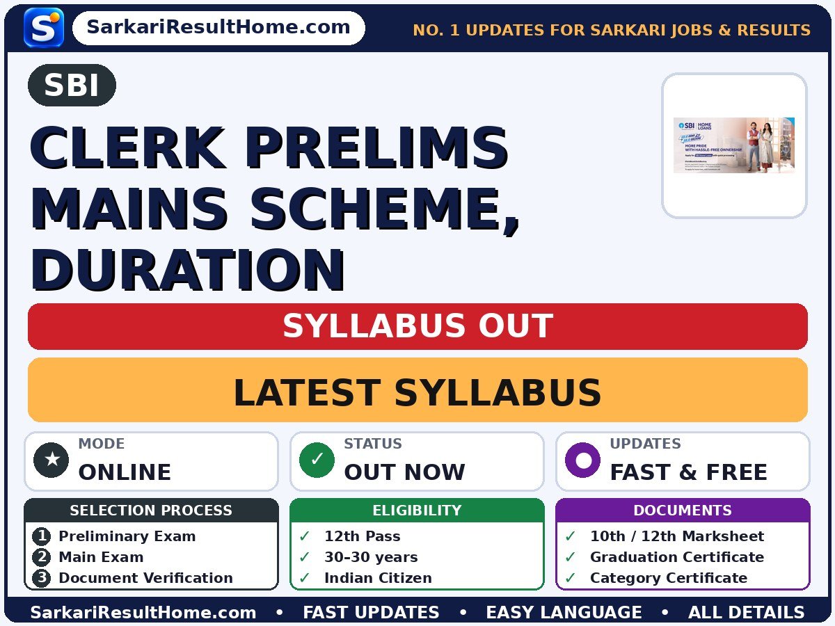 SBI Clerk Prelims Mains Scheme, Duration Syllabus 2026 & Exam Pattern - State Bank of India syllabus summary (Selection: Preliminary Exam → Main Exam → Document Verification)