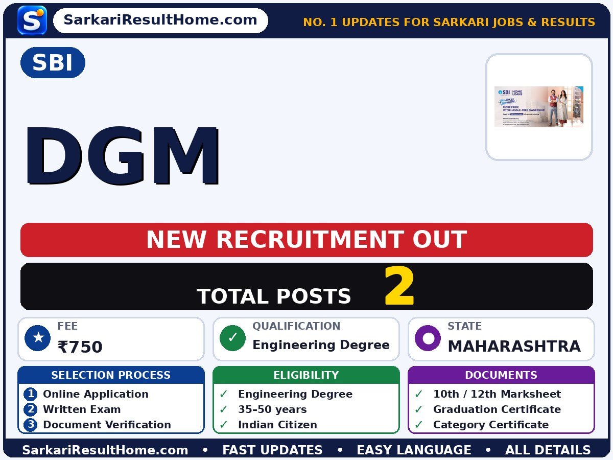 SBI Sarkari Naukri 2026 for 2 DGM Posts – Download PDF - State Bank of India sarkari naukri summary (Total Posts: 2; Last Date: 09 Nov 2026; Qualification: Engineering Degree)