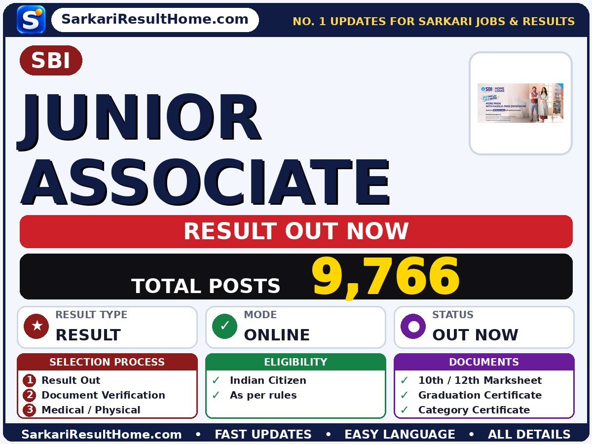 SBI Junior Associate Sarkari Result 2026 Out – Check Here - State Bank of India sarkari result summary (Exam Date: 23 Nov 2026)