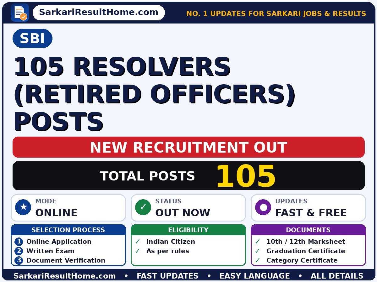 SBI Sarkari Naukri 2026 for 105 Resolvers (Retired Officers) Posts – Apply Now - State Bank of India sarkari naukri summary (Total Posts: 105; Last Date: 18 May 2026)