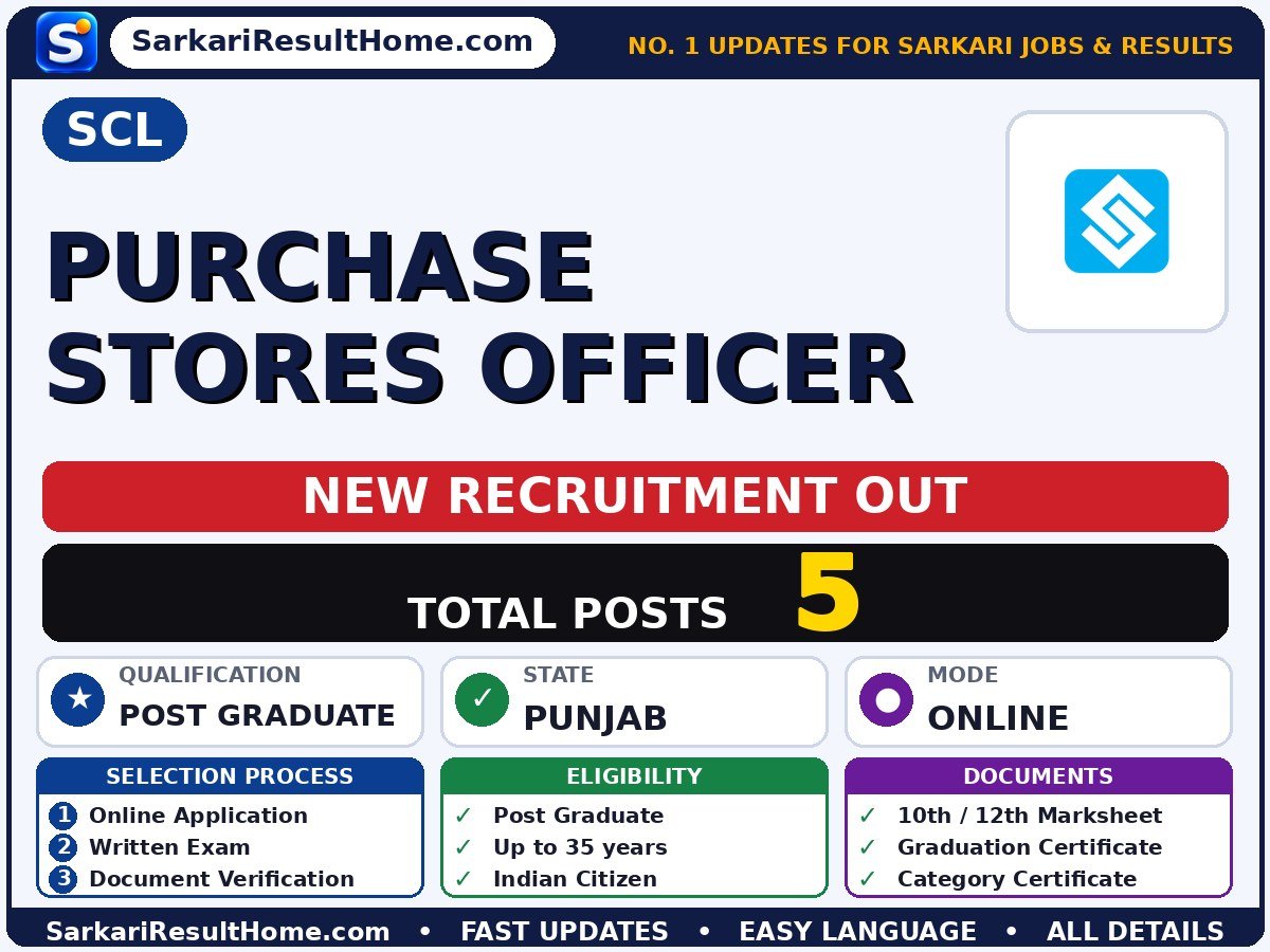 SCL Government Job 2026 for 5 Purchase Stores Officer Posts – Download Now - SCL sarkari naukri summary (Total Posts: 5; Last Date: 30 Nov 2026; Qualification: Post Graduate)