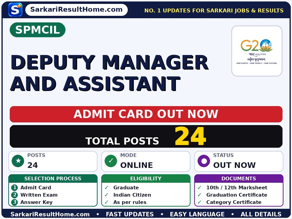 SPMCIL Deputy Manager and Assistant Exam Admit Card 2026 - SPMCIL admit card summary (Exam Date: 10 Oct 2026; Admit Card: 07 Oct 2026)