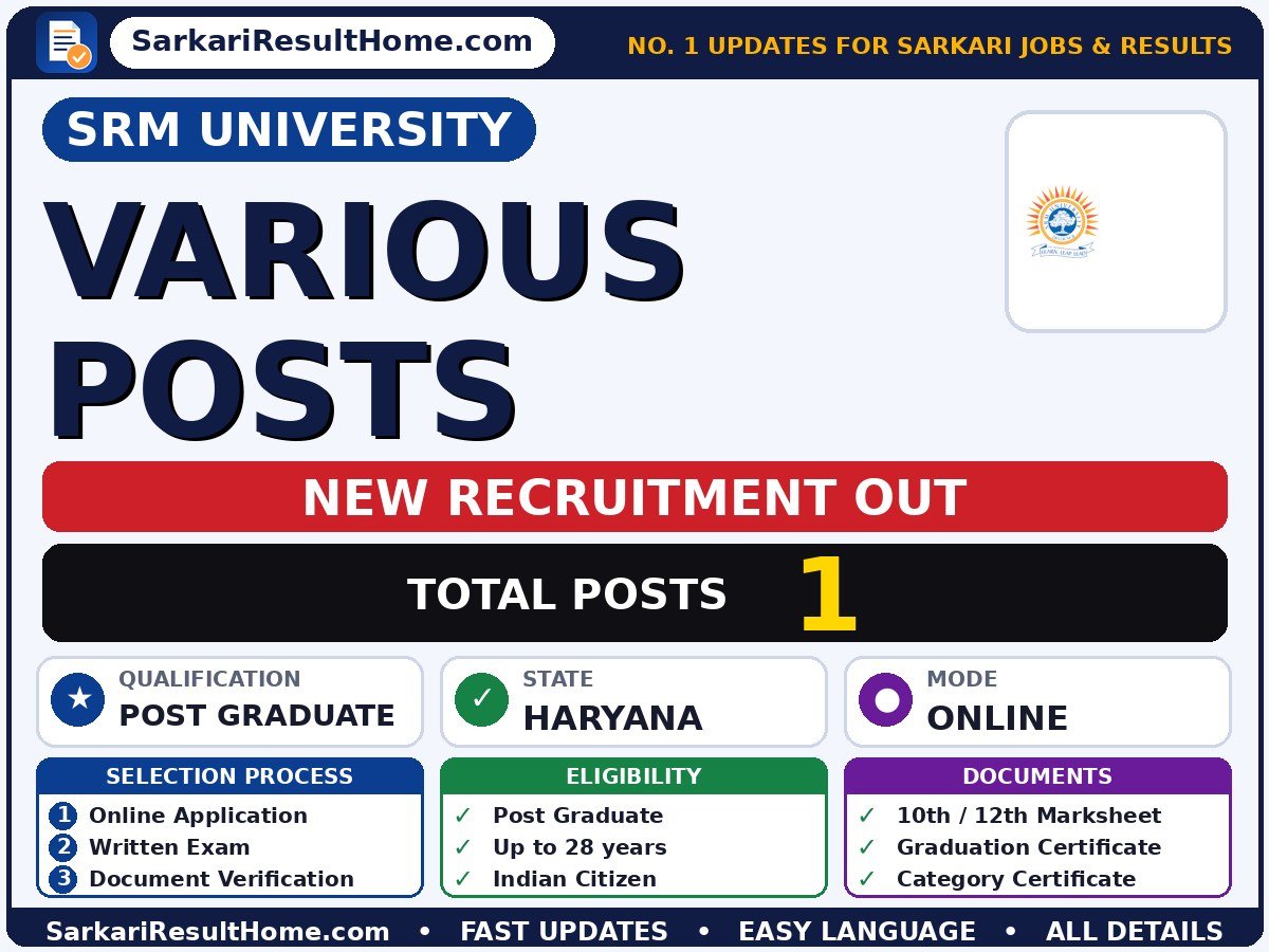 SRM University Govt Job 2026 for 1 Various Posts – Check Out - SRM University sarkari naukri summary (Total Posts: 1; Last Date: 24 Oct 2026; Qualification: Post Graduate)