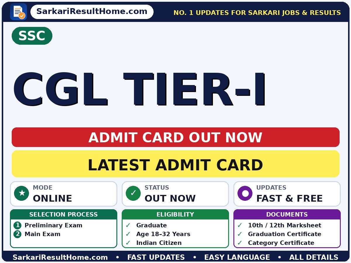SSC CGL Tier-I Admit Card 2026 – Download Link - Staff Selection Commission admit card summary (Exam Date: 26 Oct 2026; Admit Card: 27 Sep 2026)