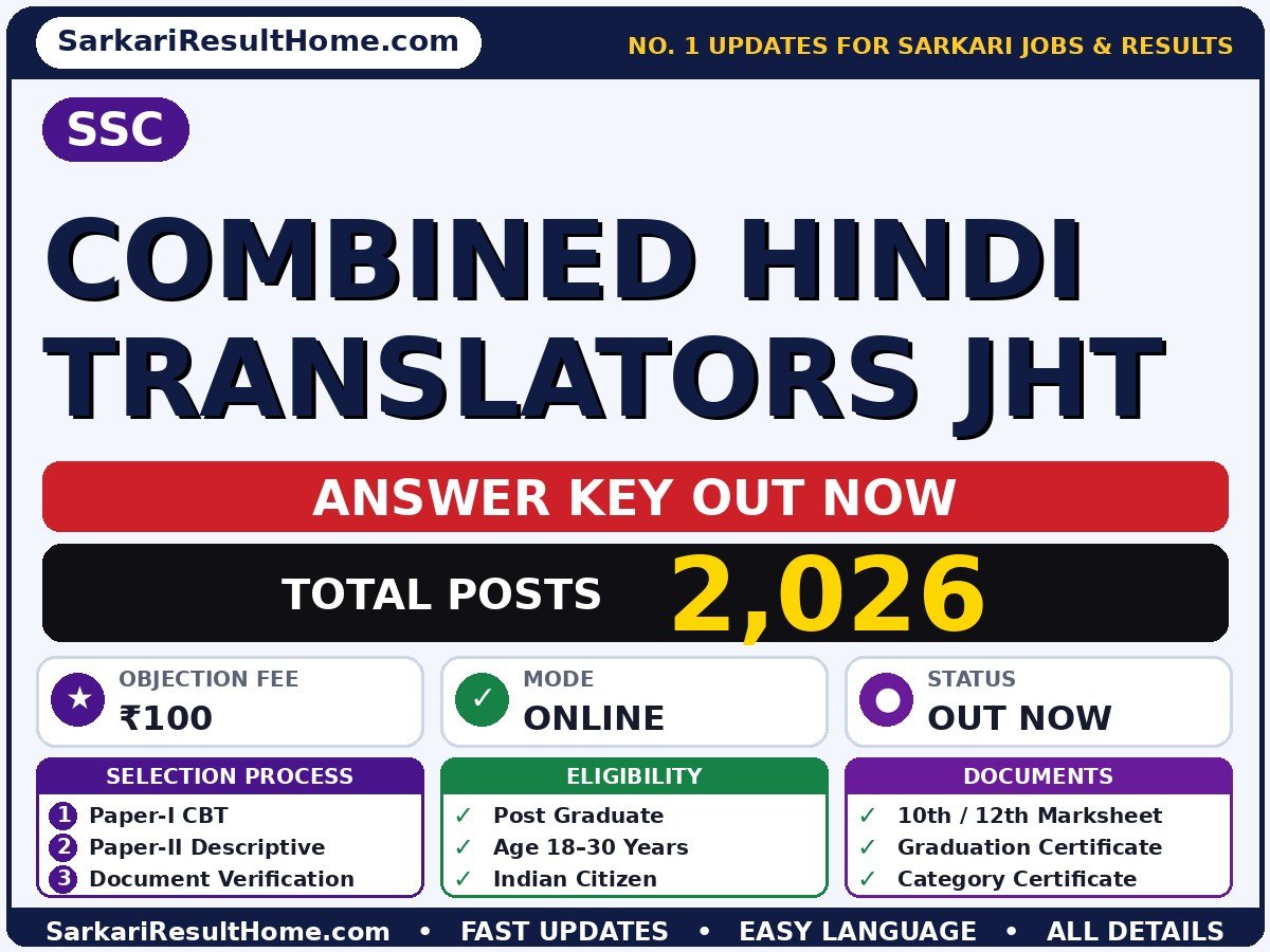 SSC Combined Hindi Translators JHT Answer Key 2026 Out – Download PDF - Staff Selection Commission answer key summary (Exam Date: 08 Sep 2026; Objection Fee: ₹100)