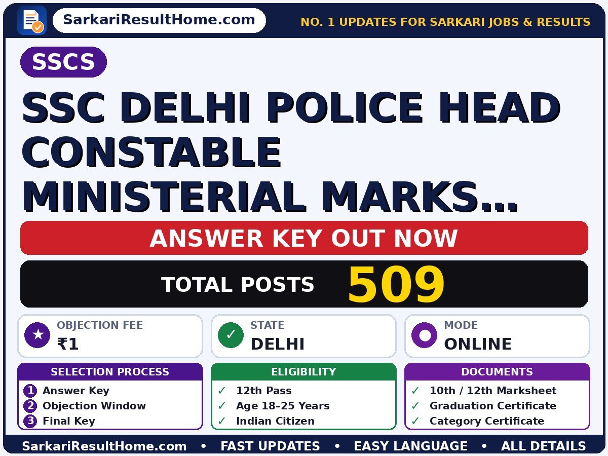 SSCS SSC Delhi Police Head Constable Ministerial Marks, Final Answer Key 2026 Released - Staff Selection Commission answer key summary (Exam Date: 07 Jan 2026; Objection Fee: ₹1)
