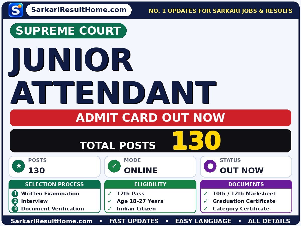 Supreme Court Junior Attendant Exam Admit Card 2026 - Supreme Court admit card summary (Exam Date: 26 Dec 2026)