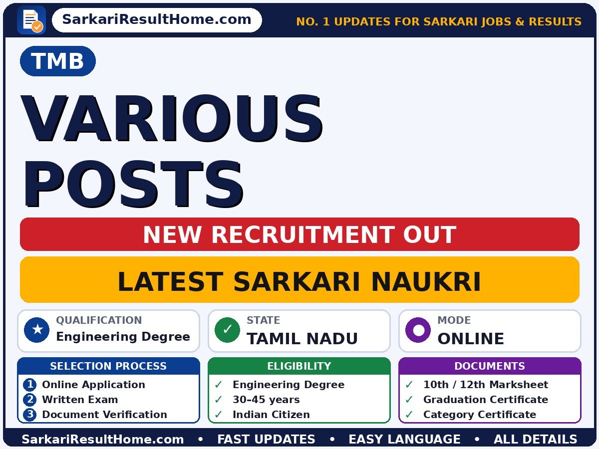 TMB Government Job 2026 for Various – Download Now - Tamilnad Mercantile Bank Ltd sarkari naukri summary (Last Date: 12 Oct 2026; Qualification: Engineering Degree; Age: 30–45 years)