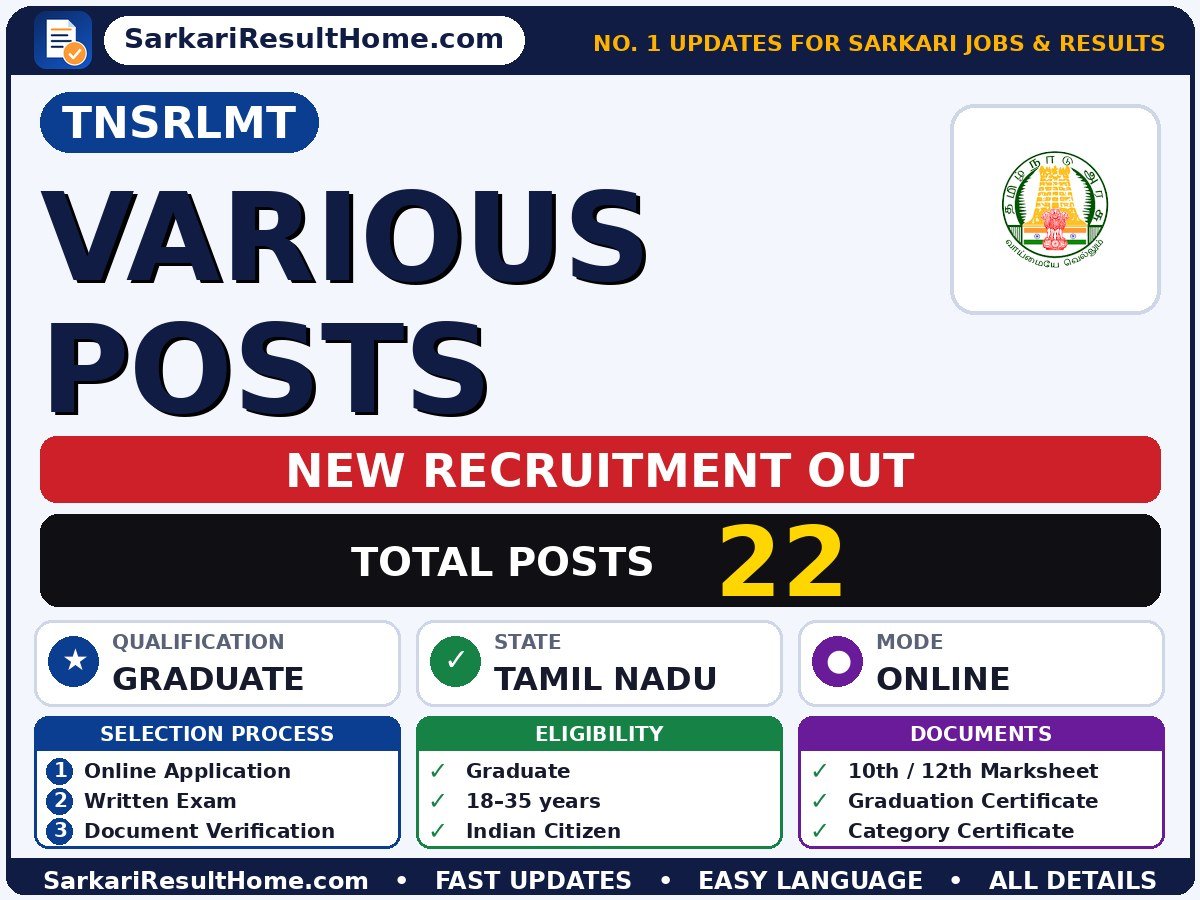 TNSRLMT Government Job 2026 for 22 Various Posts – Download PDF - Tamil Nadu State Rural Livelihoods Mission Thoothukudi sarkari naukri summary (Total Posts: 22; Last Date: 16 Oct 2026; Qualification: Graduate)