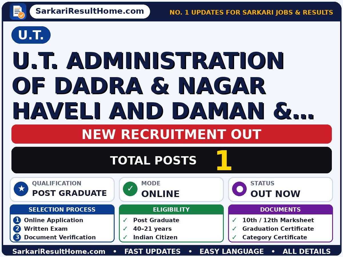 U.T. Government Job 2026 for 1 U.T. Administration of Dadra, Nagar Haveli and Others – Download PDF - U.T. sarkari naukri summary (Total Posts: 1; Last Date: 21 Oct 2026; Qualification: Post Graduate)