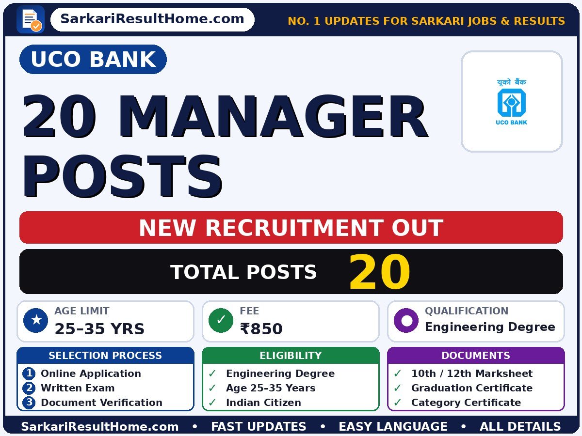 UCO Bank Government Job 2026 for 20 Manager Posts – Apply Now - UCO Bank sarkari naukri summary (Total Posts: 20; Last Date: 18 Sep 2026; Qualification: Engineering Degree)