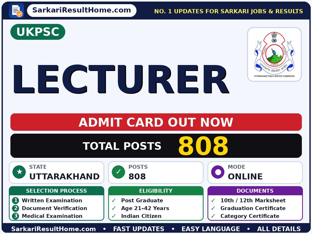 UKPSC Lecturer Admit Card 2026 – Download Link - Uttarakhand Public Service Commission admit card summary (Exam Date: 23 Oct 2026; Admit Card: 25 Sep 2026)