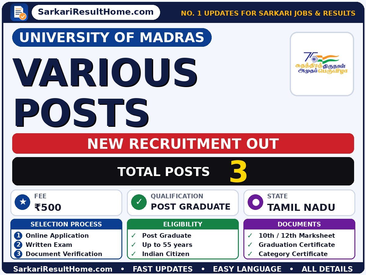 University of Madras Recruitment 2026 for 3 Various Posts – Check Details - University of Madras sarkari naukri summary (Total Posts: 3; Last Date: 16 Oct 2026; Qualification: Post Graduate)