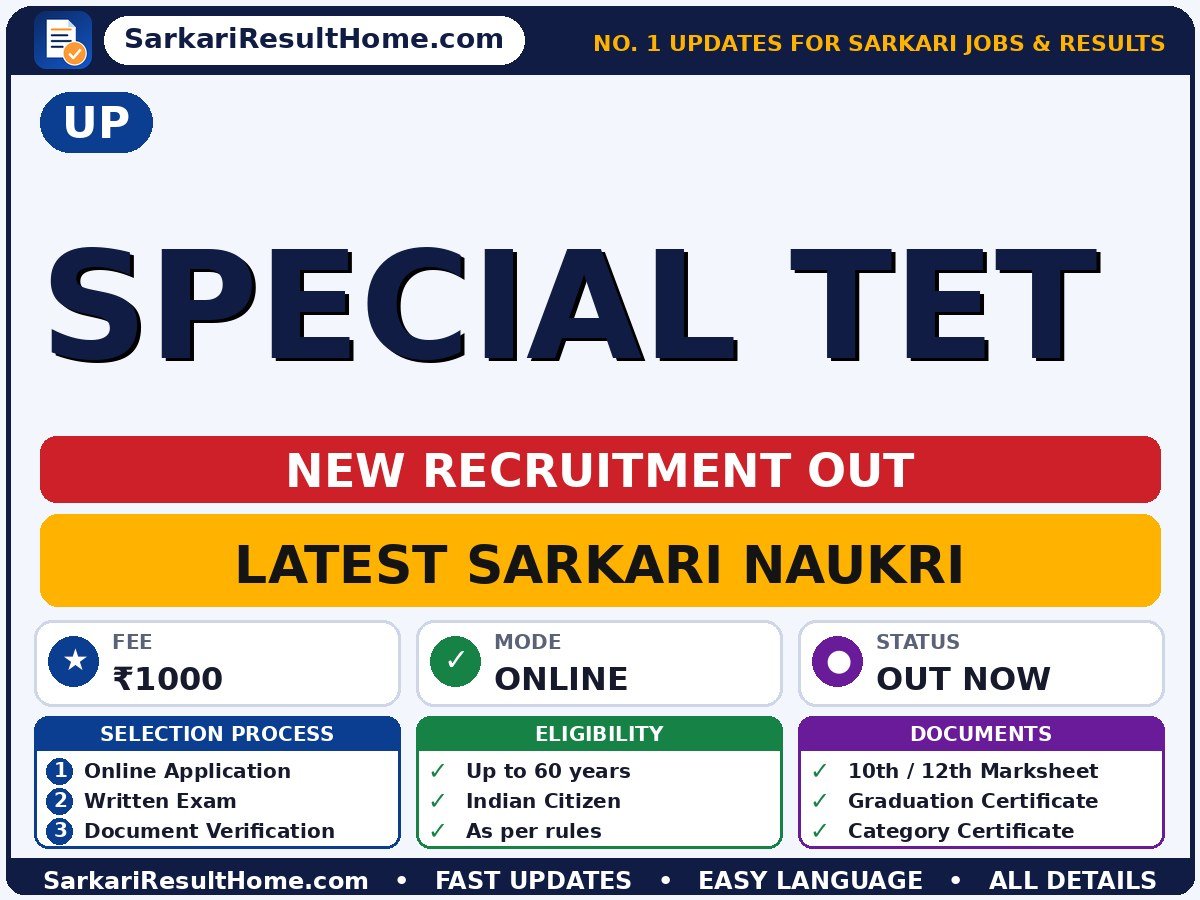 UP Govt Job 2026 for Special TET – Check Out - UP sarkari naukri summary (Last Date: 04 Oct 2026; Age: Up to 60 years; Fee: ₹1000)