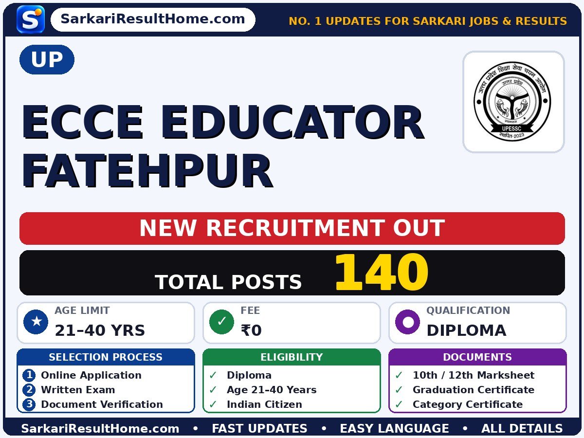 UP Recruitment 2026 for 140 ECCE Educator Fatehpur Posts – Apply Now - UP sarkari naukri summary (Total Posts: 140; Last Date: 07 Nov 2026; Qualification: Diploma)