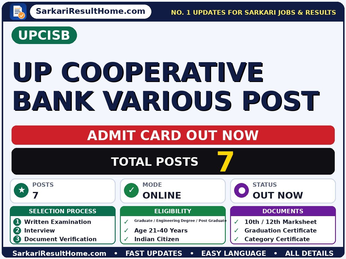 UPCISB UP Cooperative Bank Various Post Admit Card 2026 – Download Link - UPCISB admit card summary (Exam Date: 17 Sep 2026; Admit Card: 15 Sep 2026)