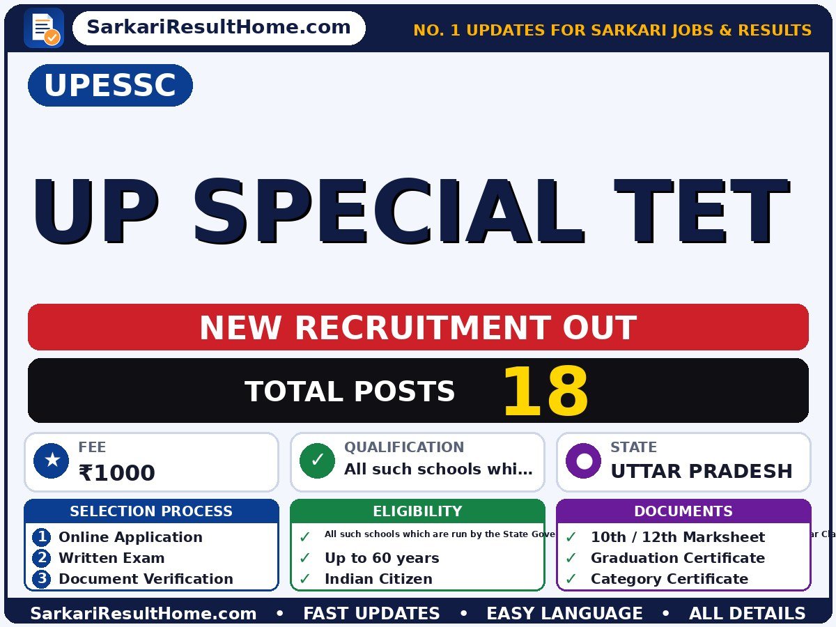 UPESSC Recruitment 2026 for 18 UP Special TET Posts – Download Now - Uttar Pradesh Education Service Selection Commission sarkari naukri summary (Total Posts: 18; Last Date: 04 Oct 2026; Qualification: All such schools which a…)