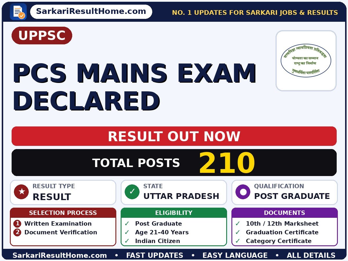 UPPSC PCS Mains Exam Declared Sarkari Result 2026 Out – Check Here - Uttar Pradesh Public Service Commission sarkari result summary (Result Date: 01 Sep 2026; Exam Date: 12 Oct 2025)