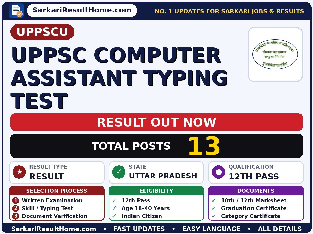 UPPSCU UPPSC Computer Assistant Typing Test Sarkari Result 2026 Declared - Uttar Pradesh Public Service Commission sarkari result summary (Result Date: 01 Sep 2026; Exam Date: 18 Aug 2026)
