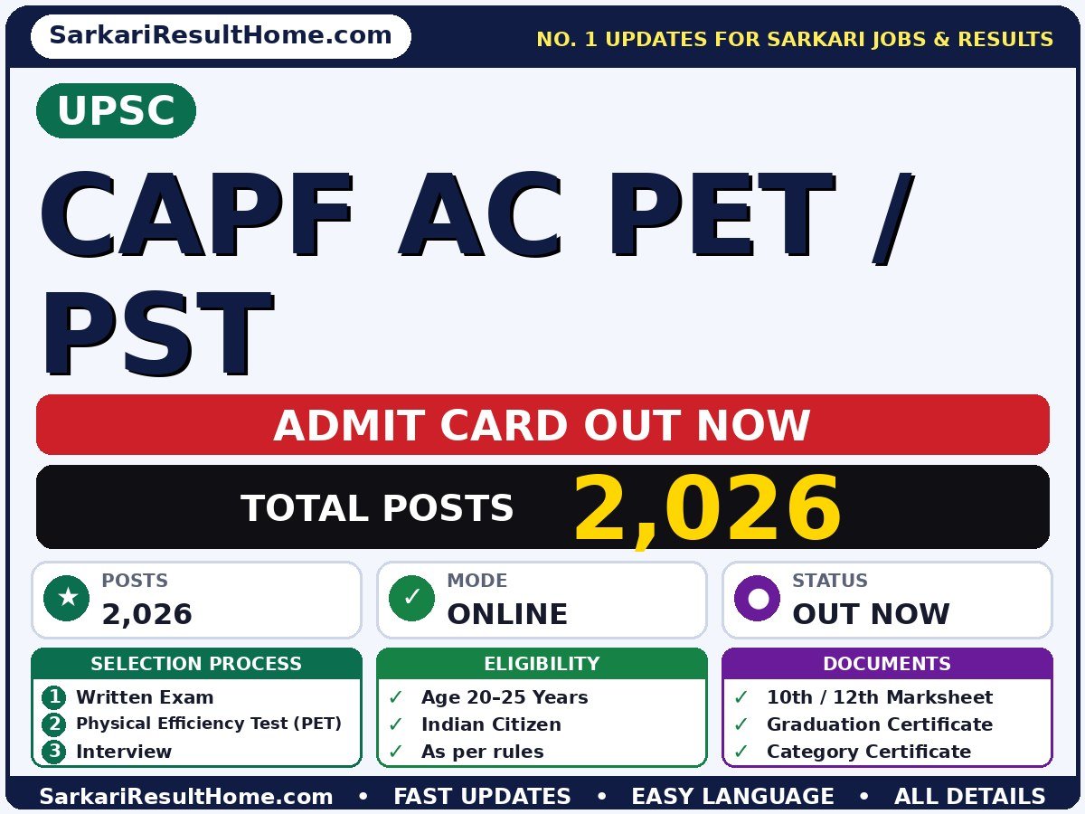 UPSC CAPF AC PET / PST Exam Admit Card 2026 - Union Public Service Commission admit card summary (Exam Date: 19 Jul 2026; Admit Card: 10 Jul 2026)
