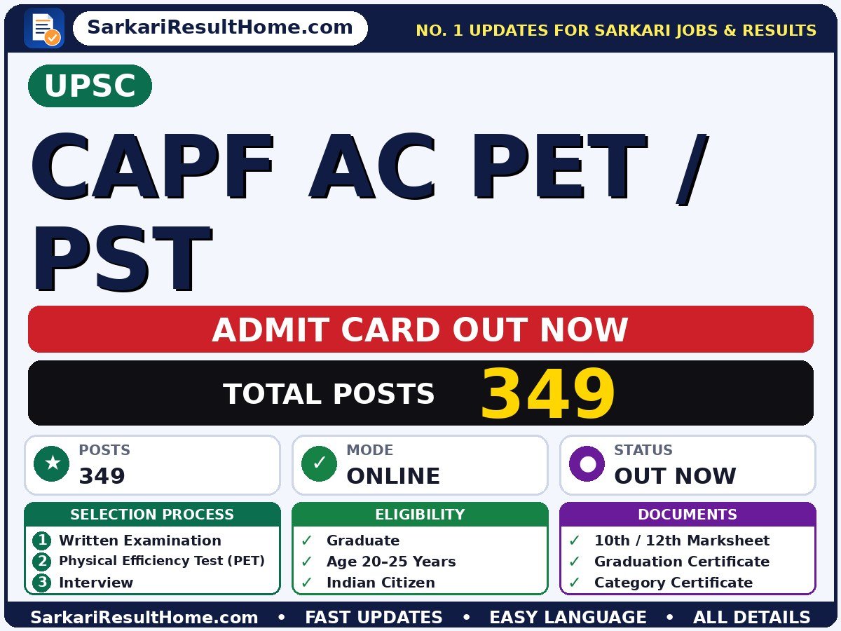 UPSC CAPF AC PET / PST Exam Admit Card 2026 - Union Public Service Commission admit card summary (Exam Date: 19 Jul 2026; Admit Card: 30 Sep 2026)