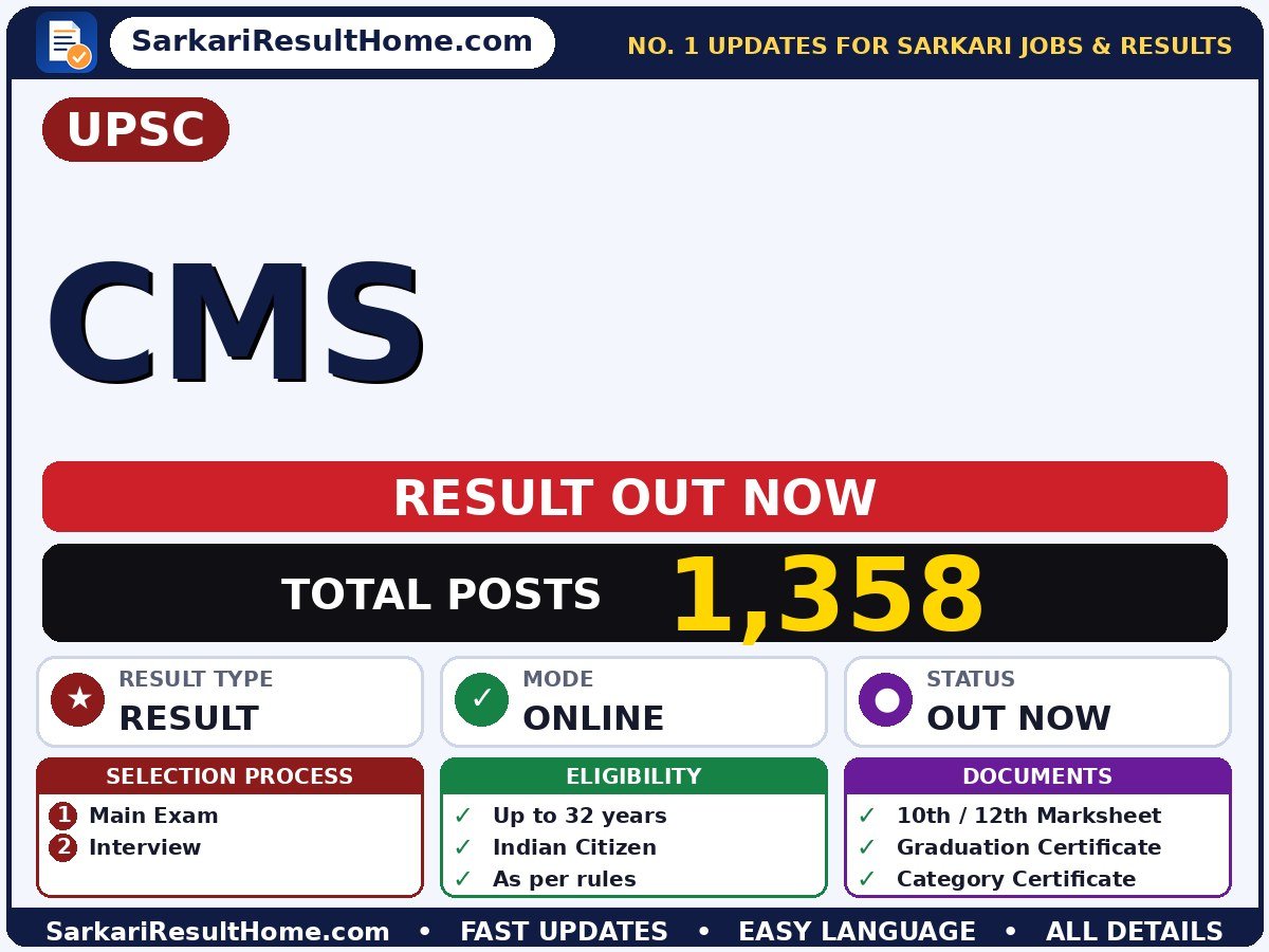 UPSC CMS Sarkari Result 2026 Out – Check Here - Union Public Service Commission sarkari result summary (Result Date: 01 Sep 2026; Exam Date: 02 Aug 2026)