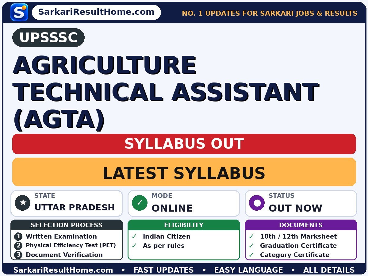 UPSSSC Agriculture Technical Assistant (AGTA) Syllabus 2026 - Uttar Pradesh Subordinate Service Selection Commission syllabus summary (Selection: Written Examination → Physical Efficiency Test (PET) → Document Verification)