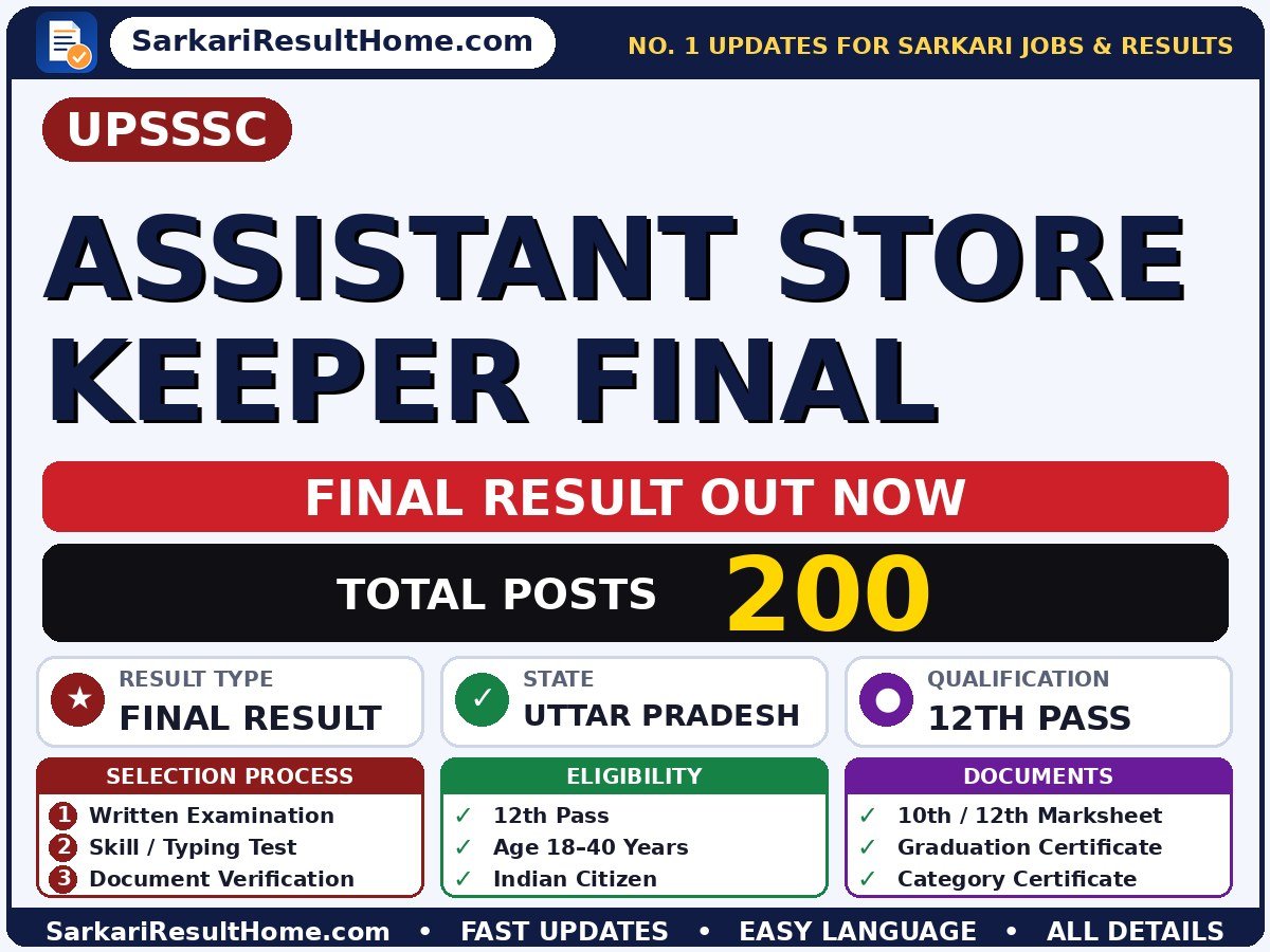 UPSSSC Assistant Store Keeper Final Final Result 2026: Sarkari Result Out - Uttar Pradesh Subordinate Service Selection Commission sarkari result summary (Result Date: 25 Sep 2026; Exam Date: 21 May 2026)