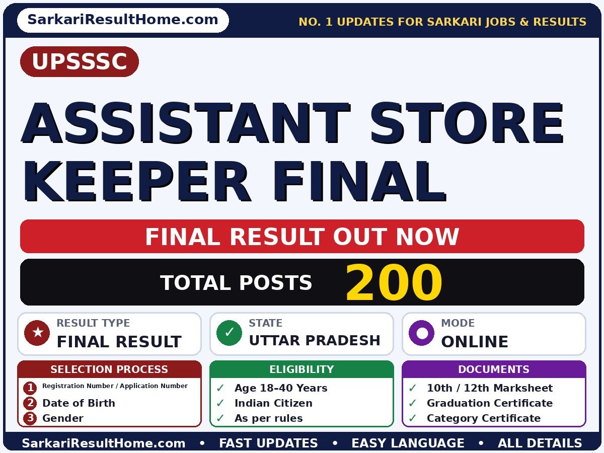 UPSSSC Assistant Store Keeper Final Final Result 2026 Out - Uttar Pradesh Subordinate Service Selection Commission result summary (Result Date: 13 Feb 2025; Exam Date: 13 Apr 2025)