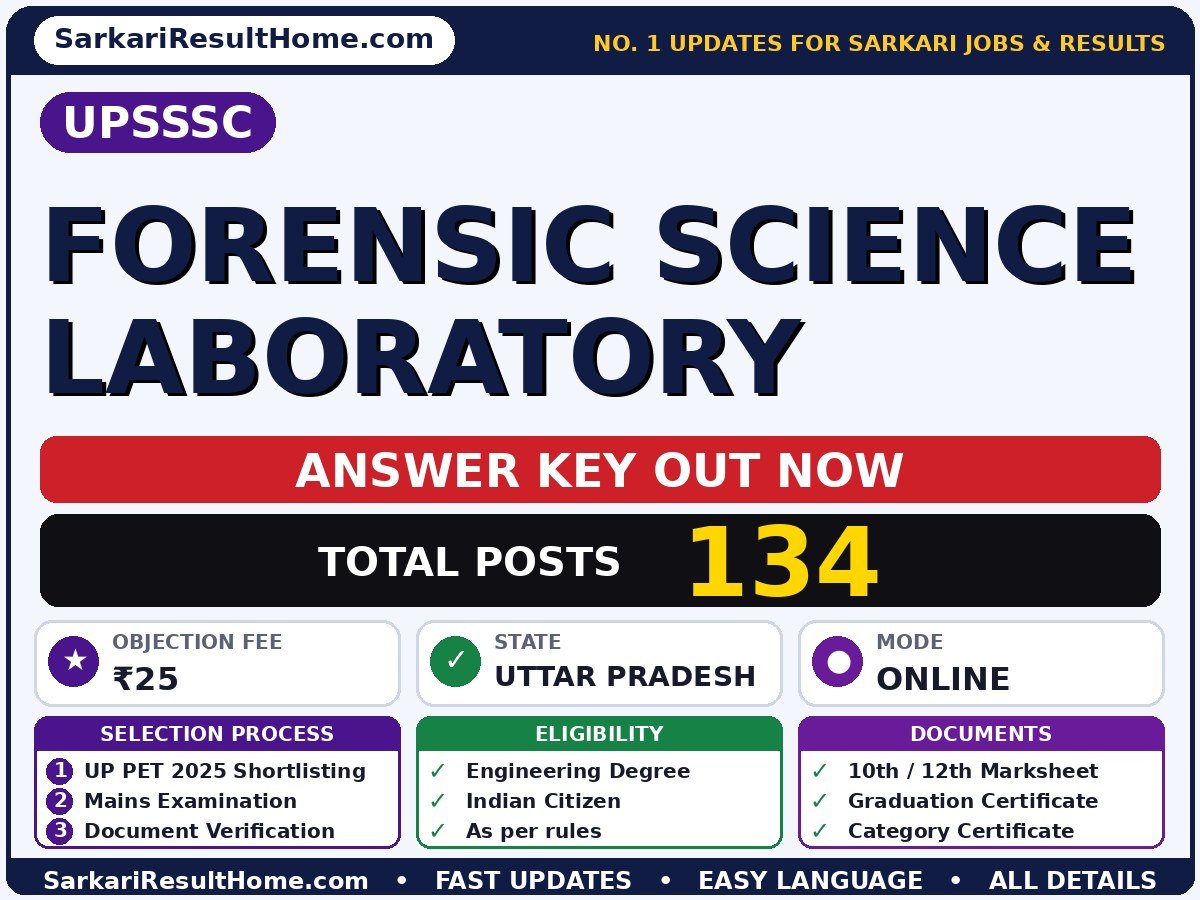 UPSSSC Forensic Science Laboratory Answer Key 2026 Out – Download PDF - Uttar Pradesh Subordinate Service Selection Commission answer key summary (Exam Date: 27 Sep 2026; Objection Fee: ₹25)