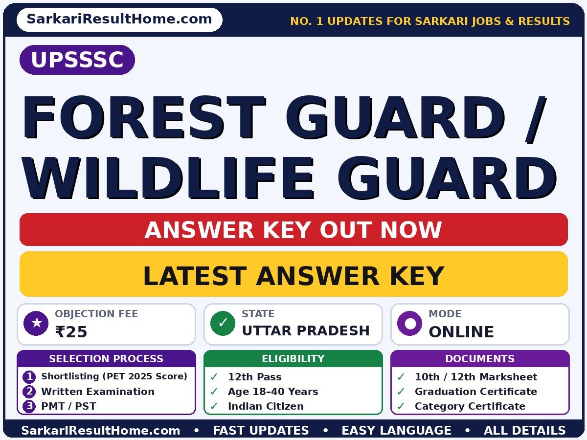 UPSSSC Forest Guard / Wildlife Answer Key 2026 Out – Download PDF - Uttar Pradesh Subordinate Service Selection Commission answer key summary (Exam Date: 27 Sep 2026; Objection Fee: ₹25)