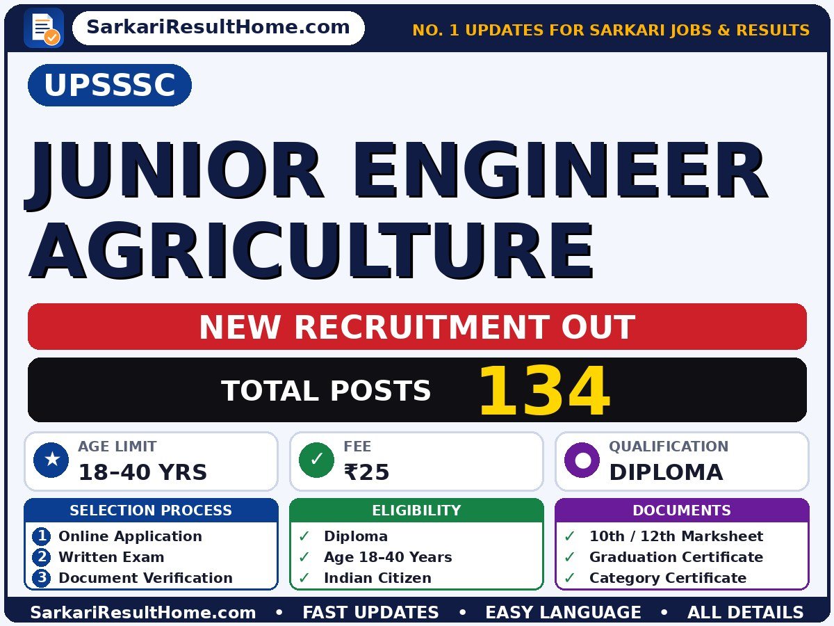 UPSSSC Government Job 2026 for 134 Junior Engineer Agriculture Posts – Download PDF - Uttar Pradesh Subordinate Service Selection Commission sarkari naukri summary (Total Posts: 134; Last Date: 07 Oct 2026; Qualification: Diploma)