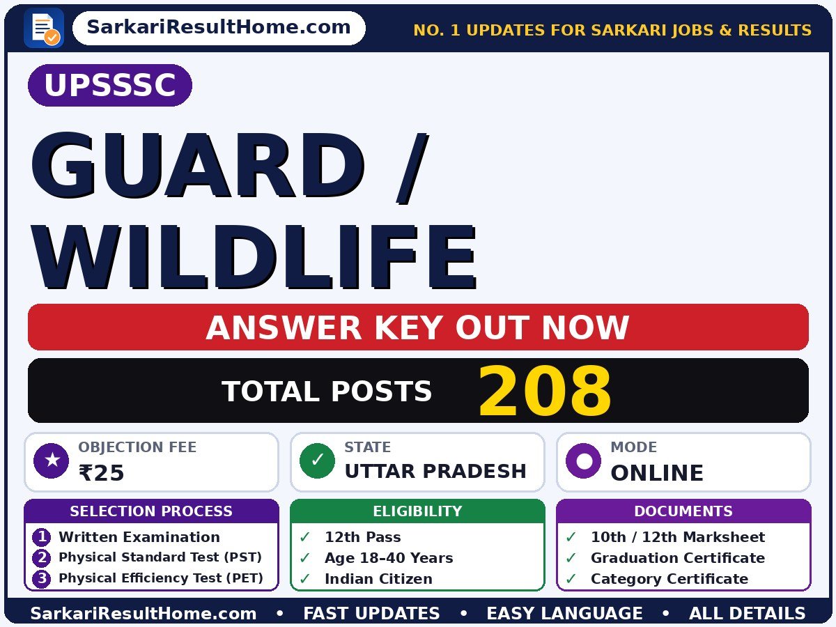 UPSSSC Guard / Wildlife Answer Key 2026 Out – Download PDF - Uttar Pradesh Subordinate Service Selection Commission answer key summary (Exam Date: 27 Sep 2026; Objection Fee: ₹25)
