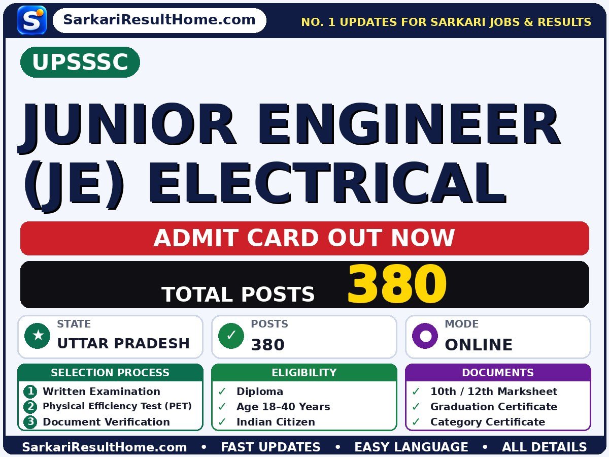 UPSSSC Junior Engineer (JE) Electrical Admit Card 2026 – Download Link - Uttar Pradesh Subordinate Service Selection Commission admit card summary