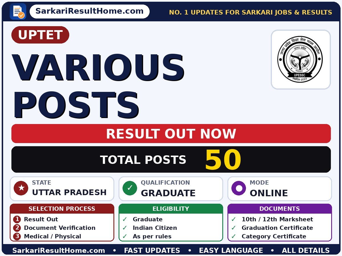 UPTET Various Posts Sarkari Result 2026 Declared - Uttar Pradesh Teacher Eligibility Test sarkari result summary (Result Date: 26 Aug 2026; Exam Date: 03 Jul 2026)