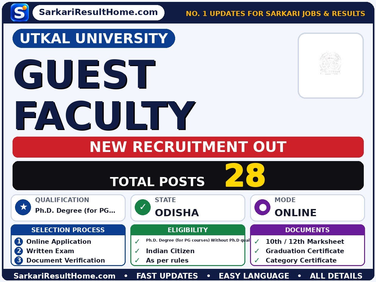 Utkal University Govt Job 2026 for 28 Guest Faculty Posts – Apply Now - Utkal University sarkari naukri summary (Total Posts: 28; Last Date: 21 Aug 2026; Qualification: Ph.D. Degree (for PG cou…)