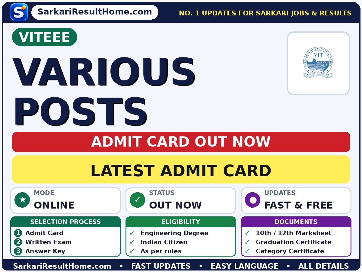 VITEEE Various Posts Admit Card 2026 – Download Link - Vellore Institute of Technology Engineering Entrance Exam admit card summary (Exam Date: 27 Apr 2027; Admit Card: 25 Apr 2027)