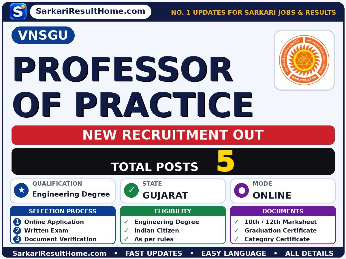 VNSGU Recruitment 2026 for 5 Professor of Practice Posts – Check Details - Veer Narmad South Gujarat University sarkari naukri summary (Total Posts: 5; Last Date: 30 Oct 2026; Qualification: Engineering Degree)