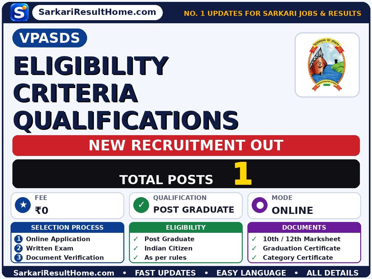 VPASDS Government Job 2026 for 1 Eligibility Criteria Qualifications Post – Download PDF - Visakhapatnam Port Authority Sr. Deputy Secretary sarkari naukri summary (Total Posts: 1; Last Date: 21 Nov 2026; Qualification: Post Graduate)