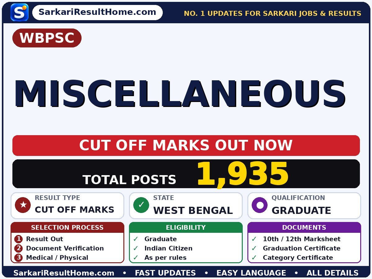 WBPSC Miscellaneous Cut Off Marks 2026: Sarkari Result Out - West Bengal Public Service Commission sarkari result summary (Result Date: 14 Oct 2026; Cut-off: Out of 450; Next Stage: Personality Test)