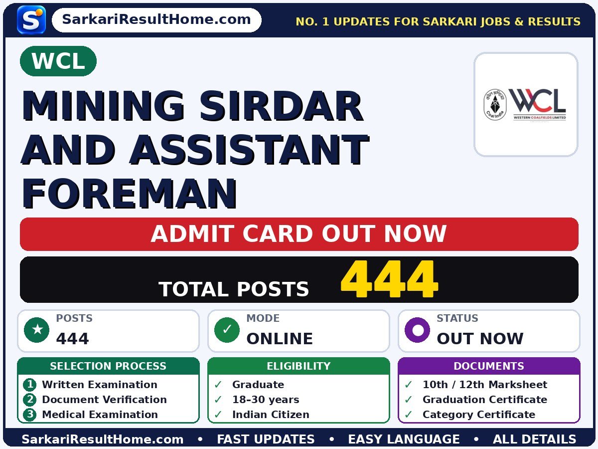 WCL Mining Sirdar and Assistant Foreman Exam Admit Card 2026 - WCL admit card summary (Exam Date: 14 Oct 2026; Admit Card: 11 Oct 2026)